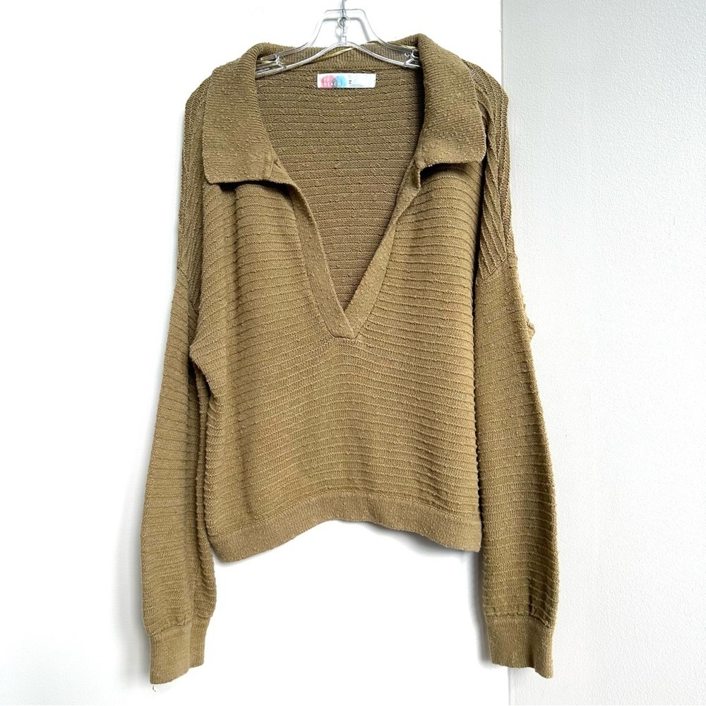 Free People Beach Ribbed Knit Balloon Sleeve Collared Sweater Olive Green